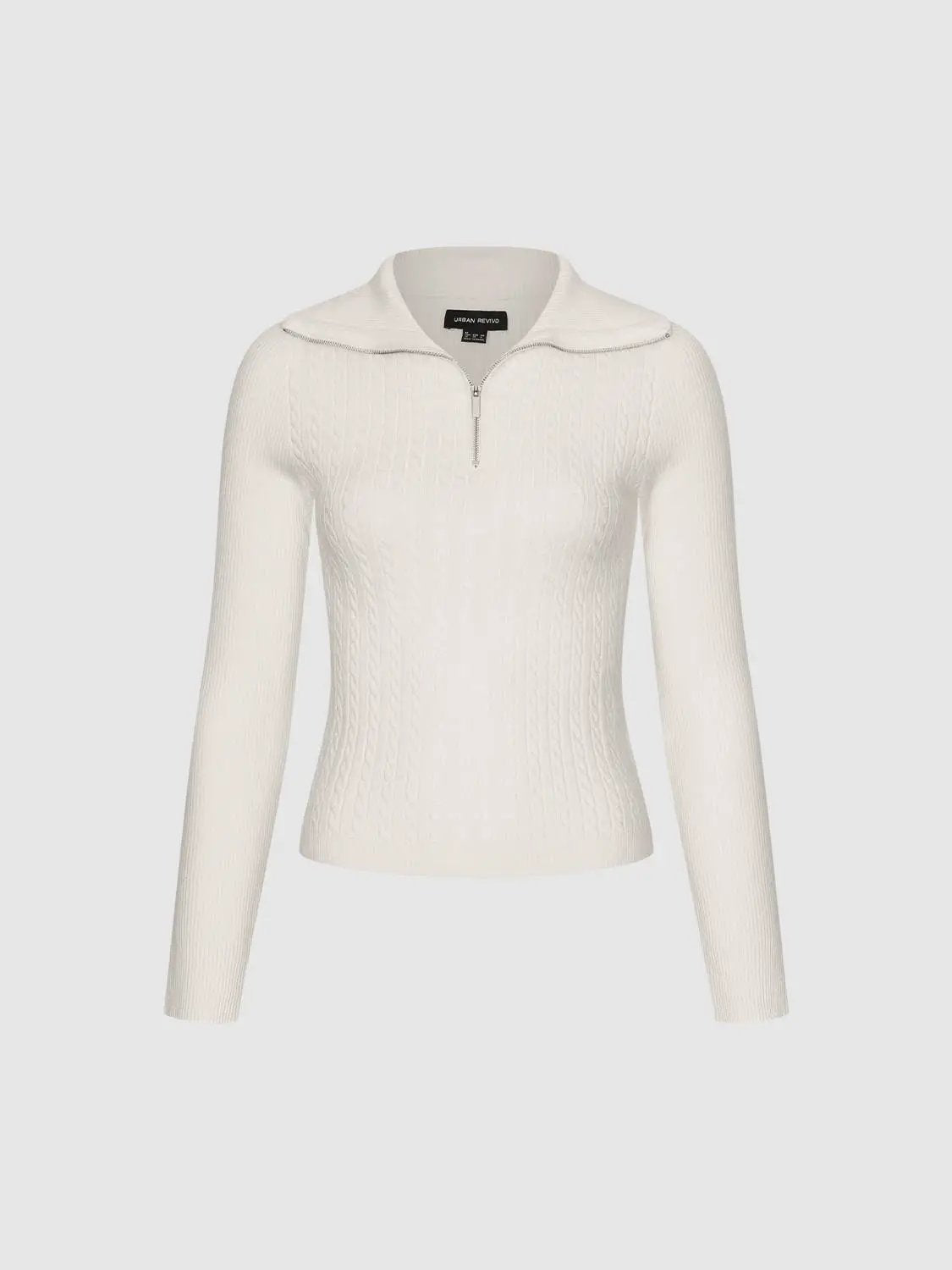 Ribbed Textured Long Sleeve Fitted Half-zip Collar Pullover