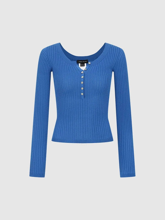 Ribbed Button Front Fitted Long Sleeve T-Shirt