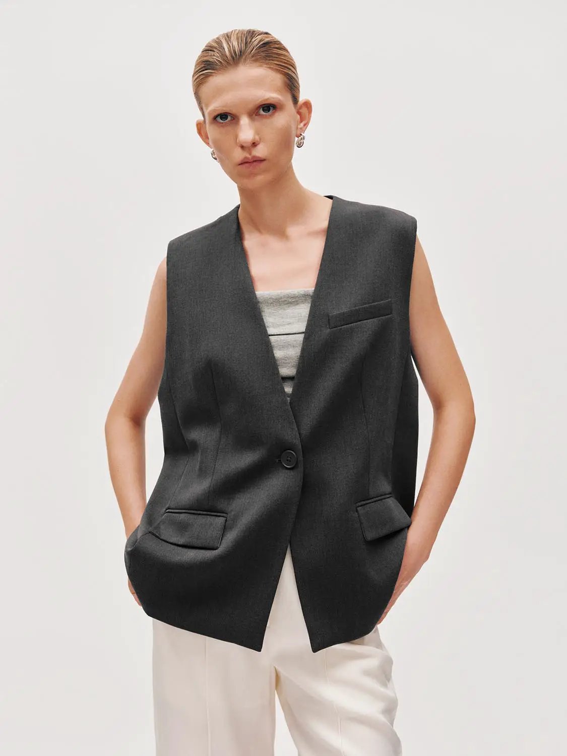 V Neck Single Button Flap Pocket Sleeveless Suit Vest