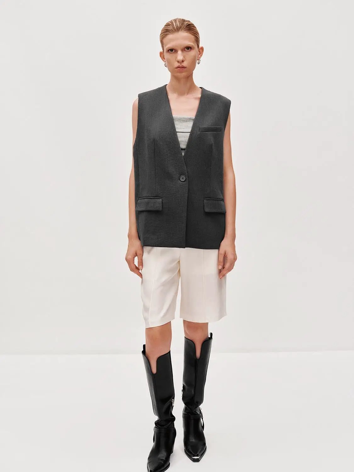 V Neck Single Button Flap Pocket Sleeveless Suit Vest