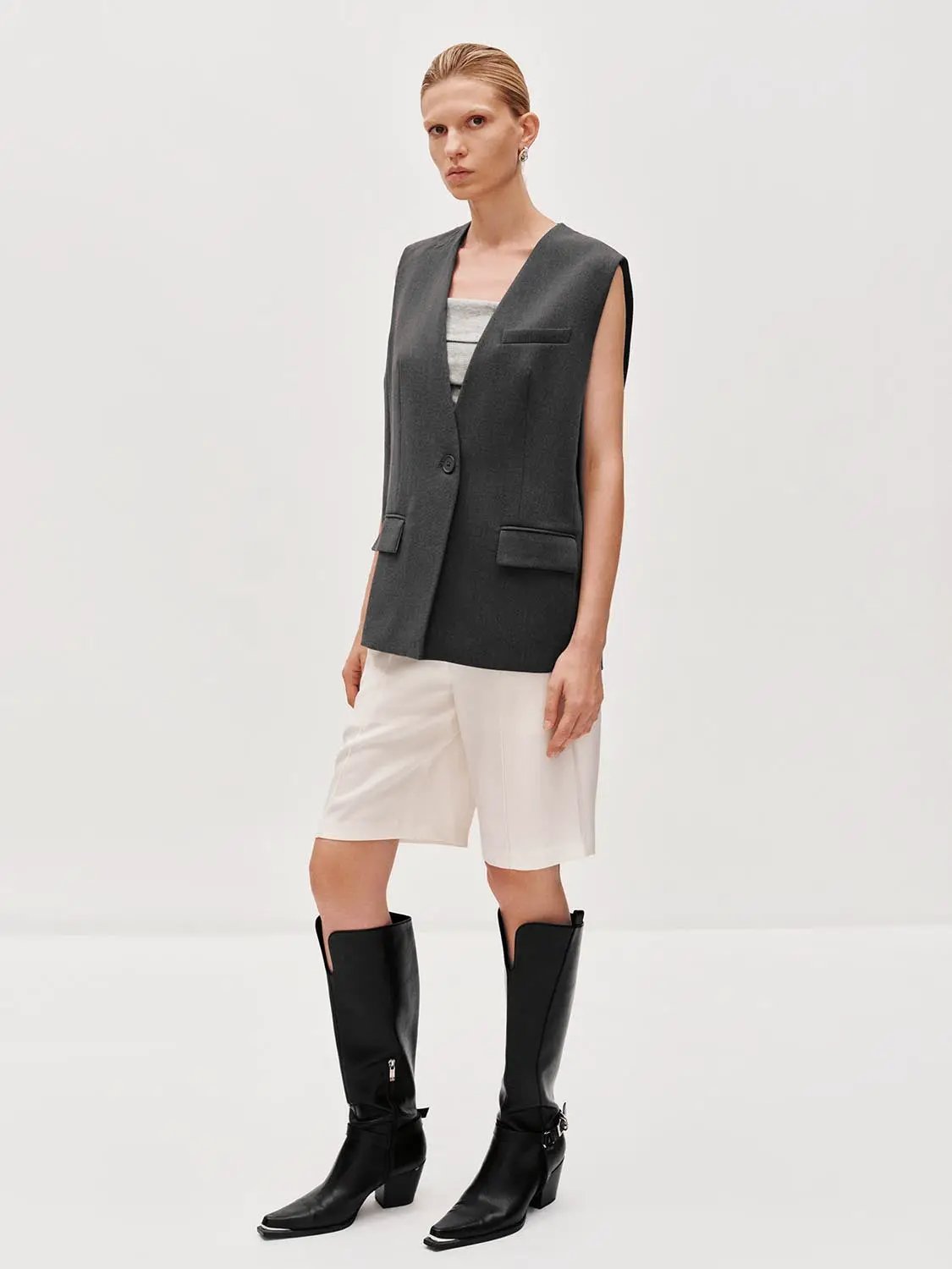 V Neck Single Button Flap Pocket Sleeveless Suit Vest