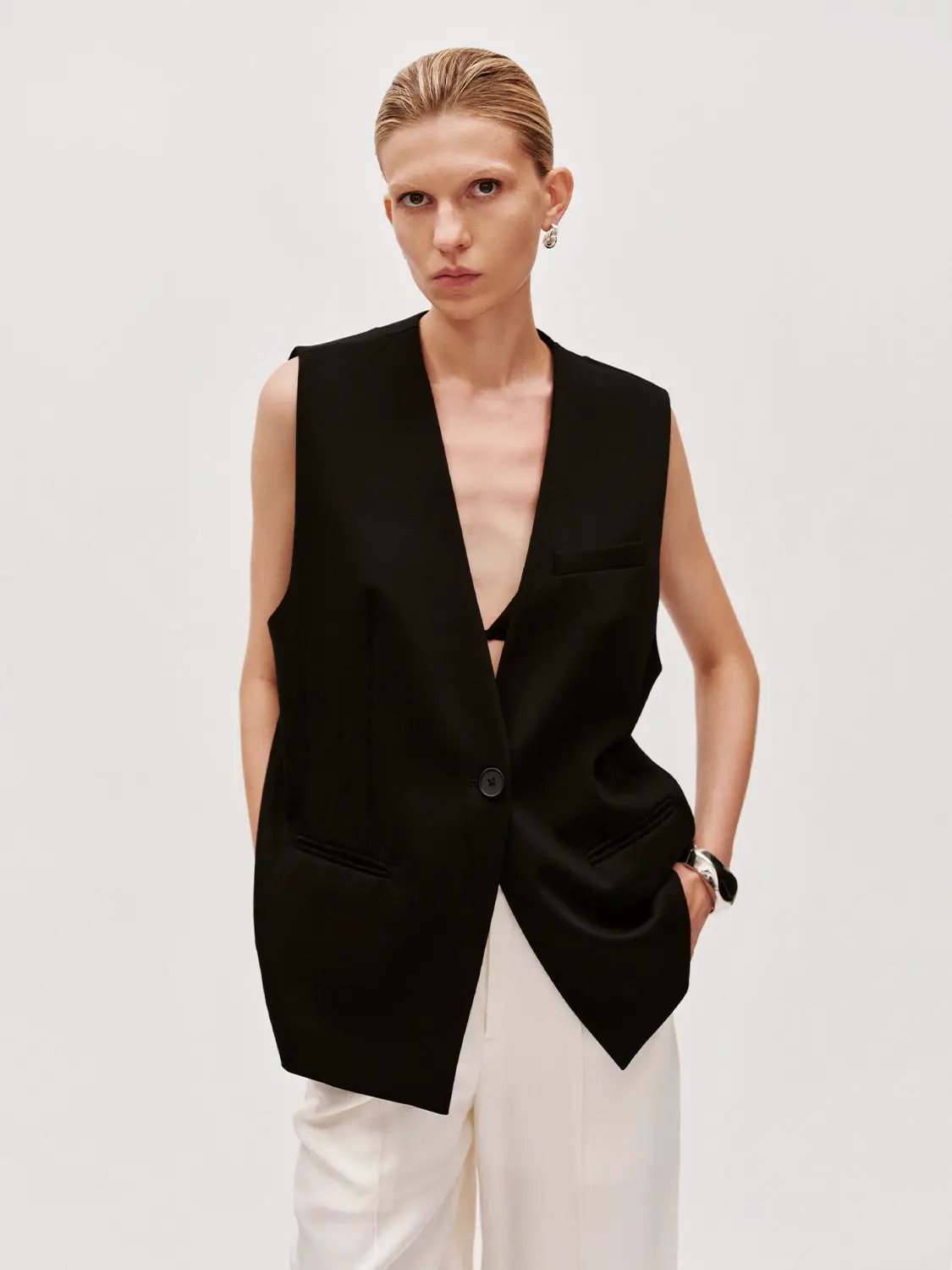 V Neck Single Button Flap Pocket Sleeveless Suit Vest