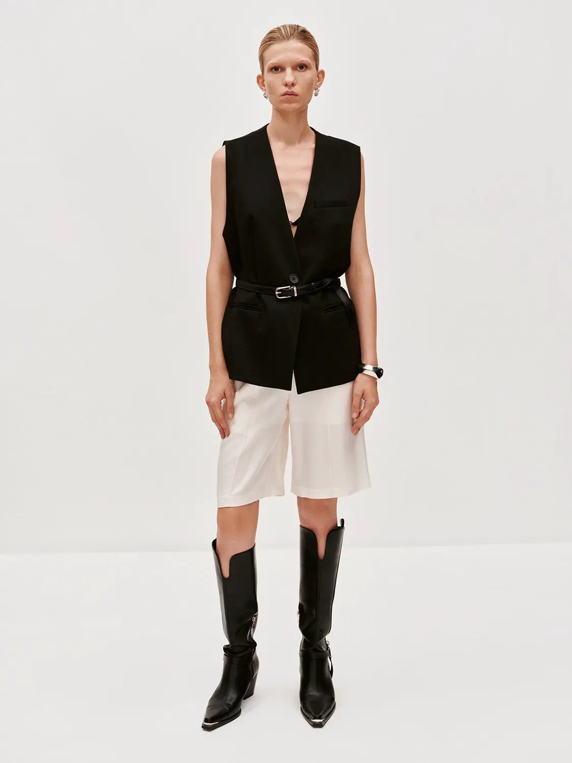V Neck Single Button Flap Pocket Sleeveless Suit Vest