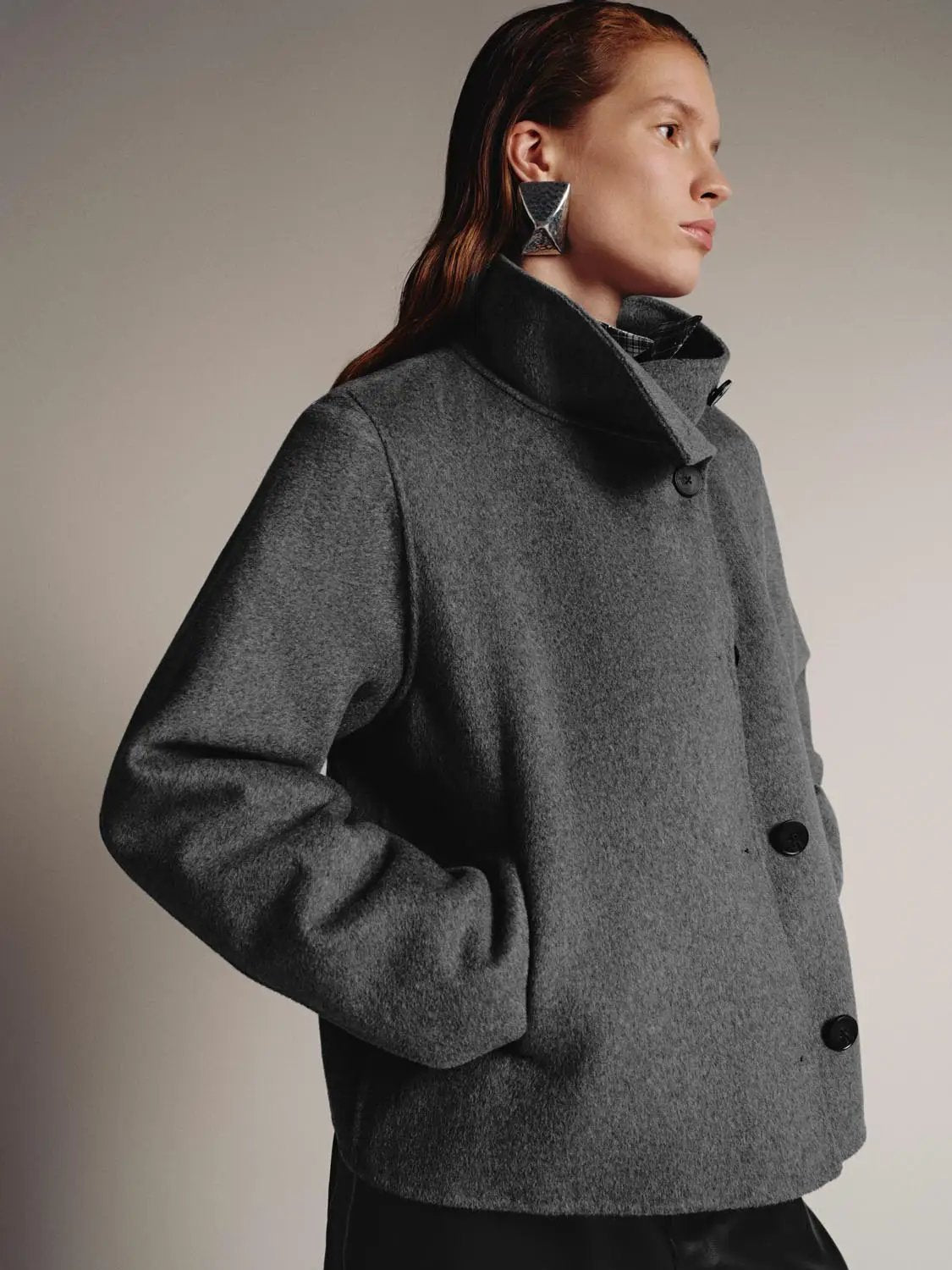Asymmetric Button Cropped Stand Collar Drop Shoulder Jacket