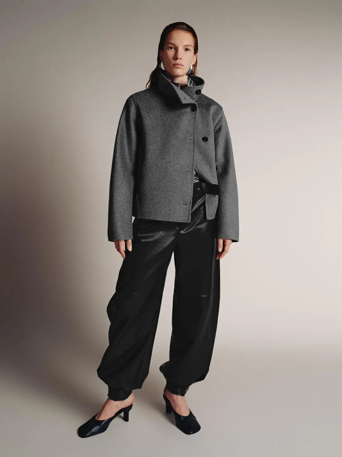 Asymmetric Button Cropped Stand Collar Drop Shoulder Jacket