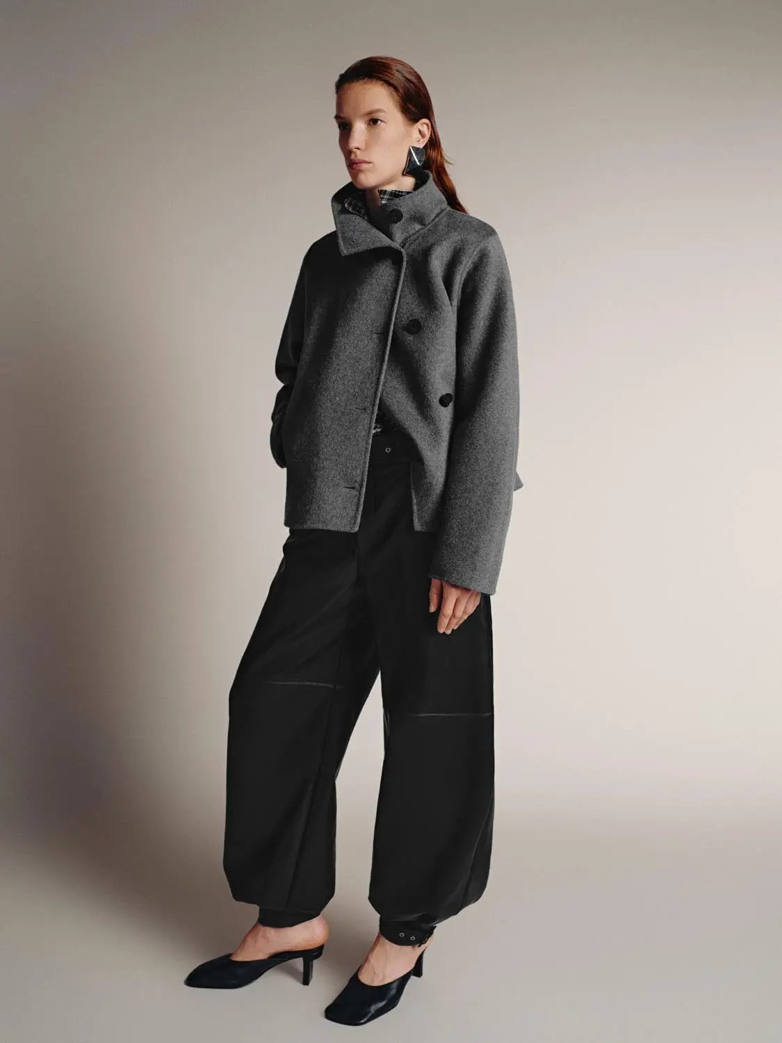 Asymmetric Button Cropped Stand Collar Drop Shoulder Jacket
