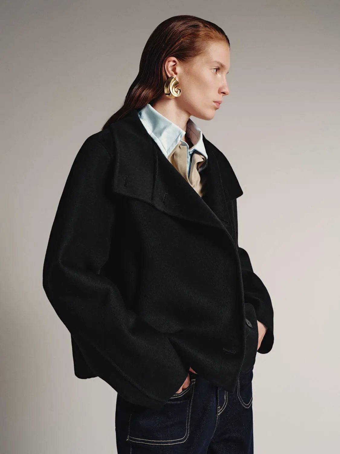 Asymmetric Button Cropped Stand Collar Drop Shoulder Jacket