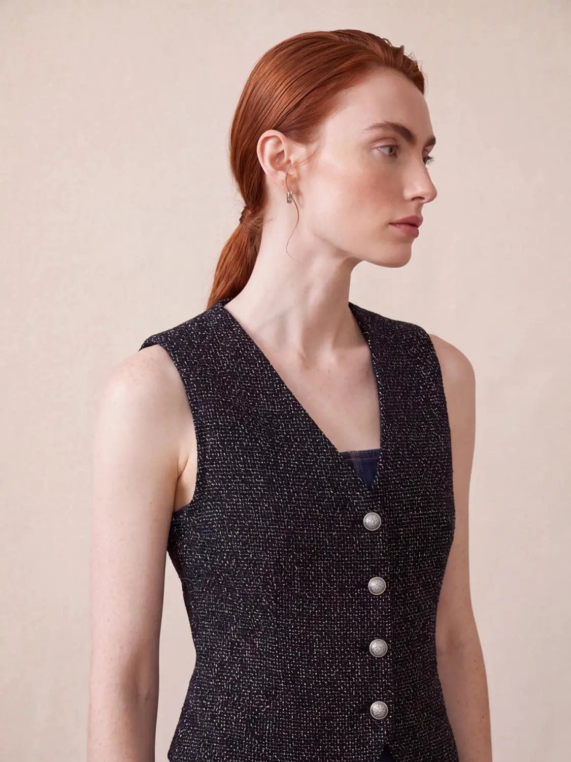 V Neck Button Front Sleeveless Tweed Textured Vest