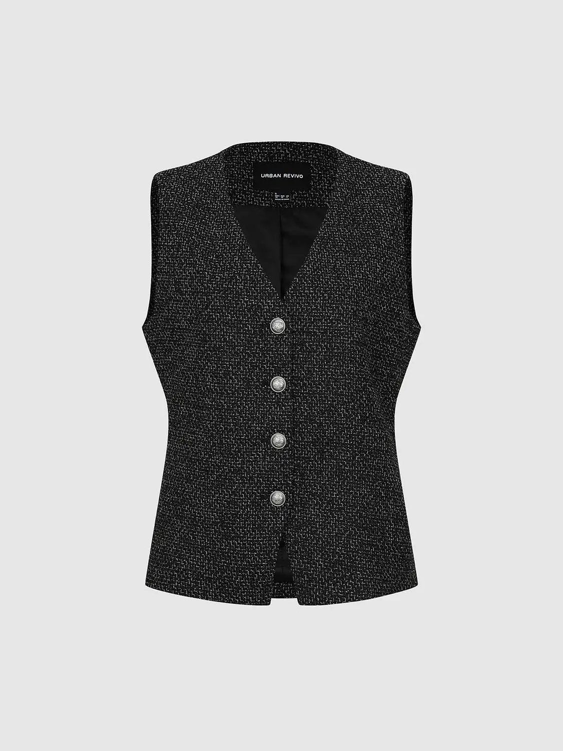 V Neck Button Front Sleeveless Tweed Textured Vest
