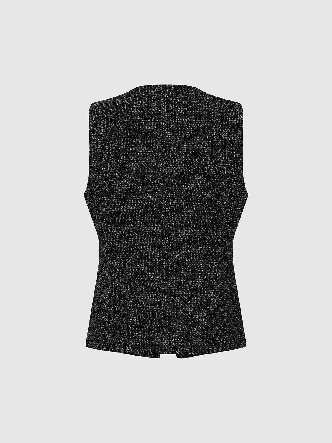 V Neck Button Front Sleeveless Tweed Textured Vest