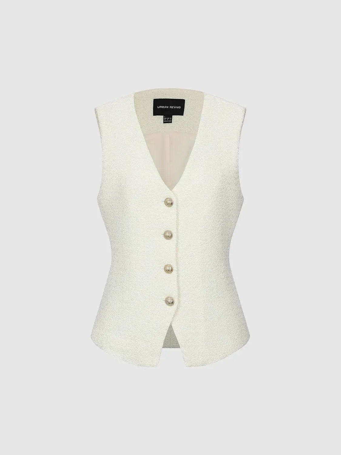 V Neck Front Button Detail Tweed Sleeveless Vest
