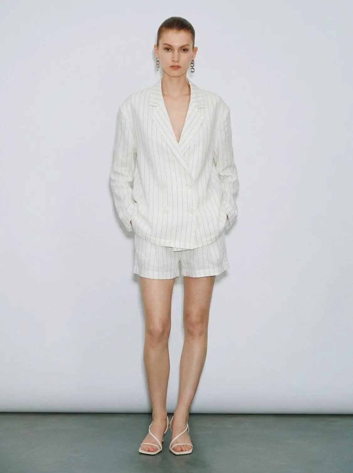 Striped Double-Breasted Loose-Fit Vertical Stripe Pattern With Clean Lines Blazer