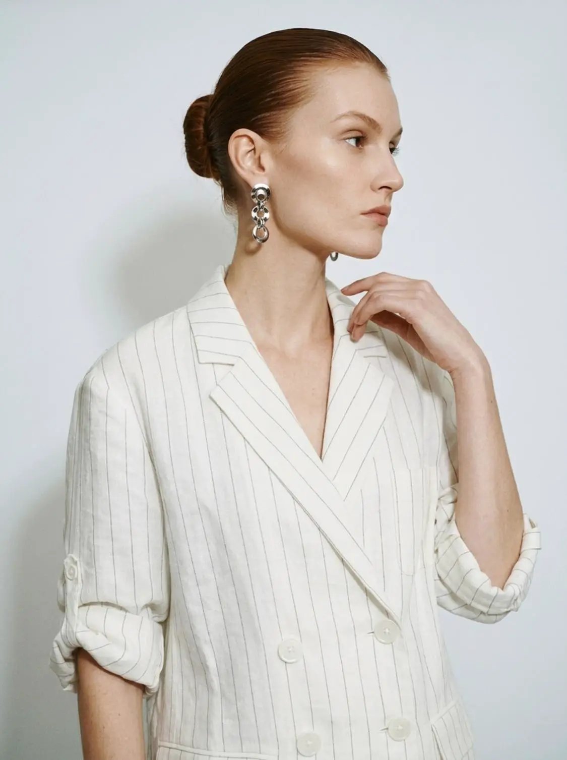 Striped Double-Breasted Loose-Fit Vertical Stripe Pattern With Clean Lines Blazer