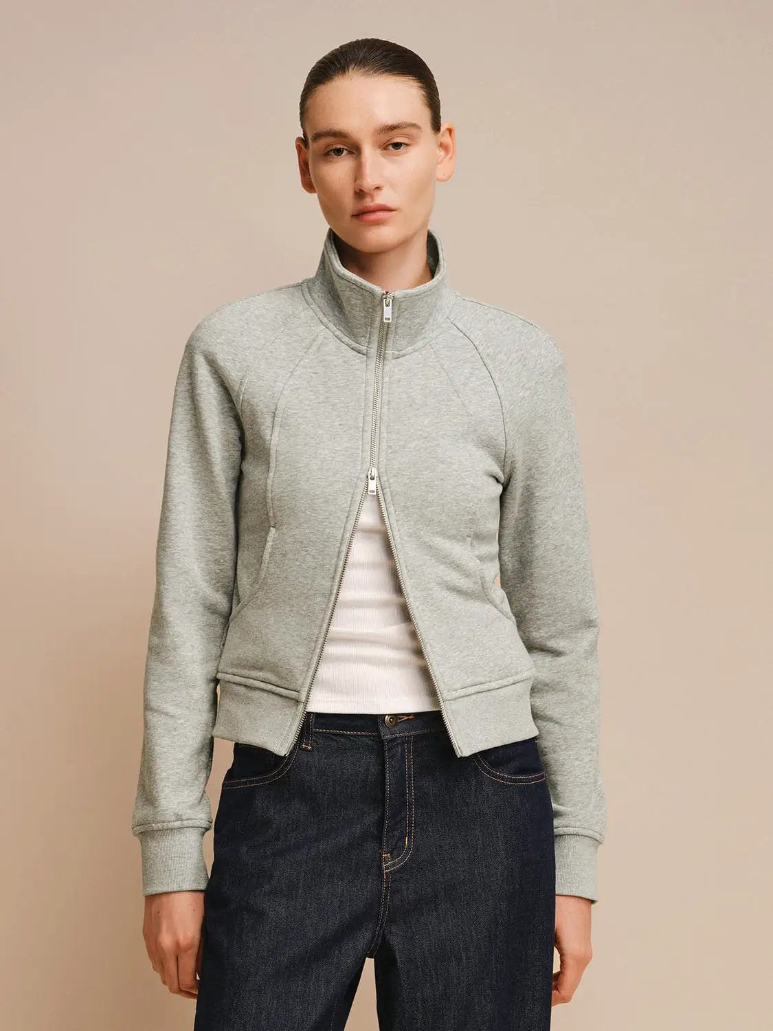 Long Sleeve Zip Front Stand Collar Cotton Blend Jacket
