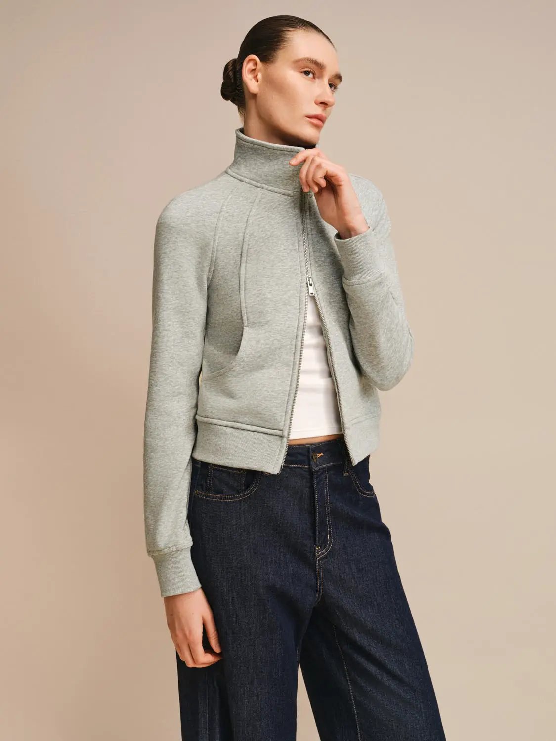 Long Sleeve Zip Front Stand Collar Cotton Blend Jacket