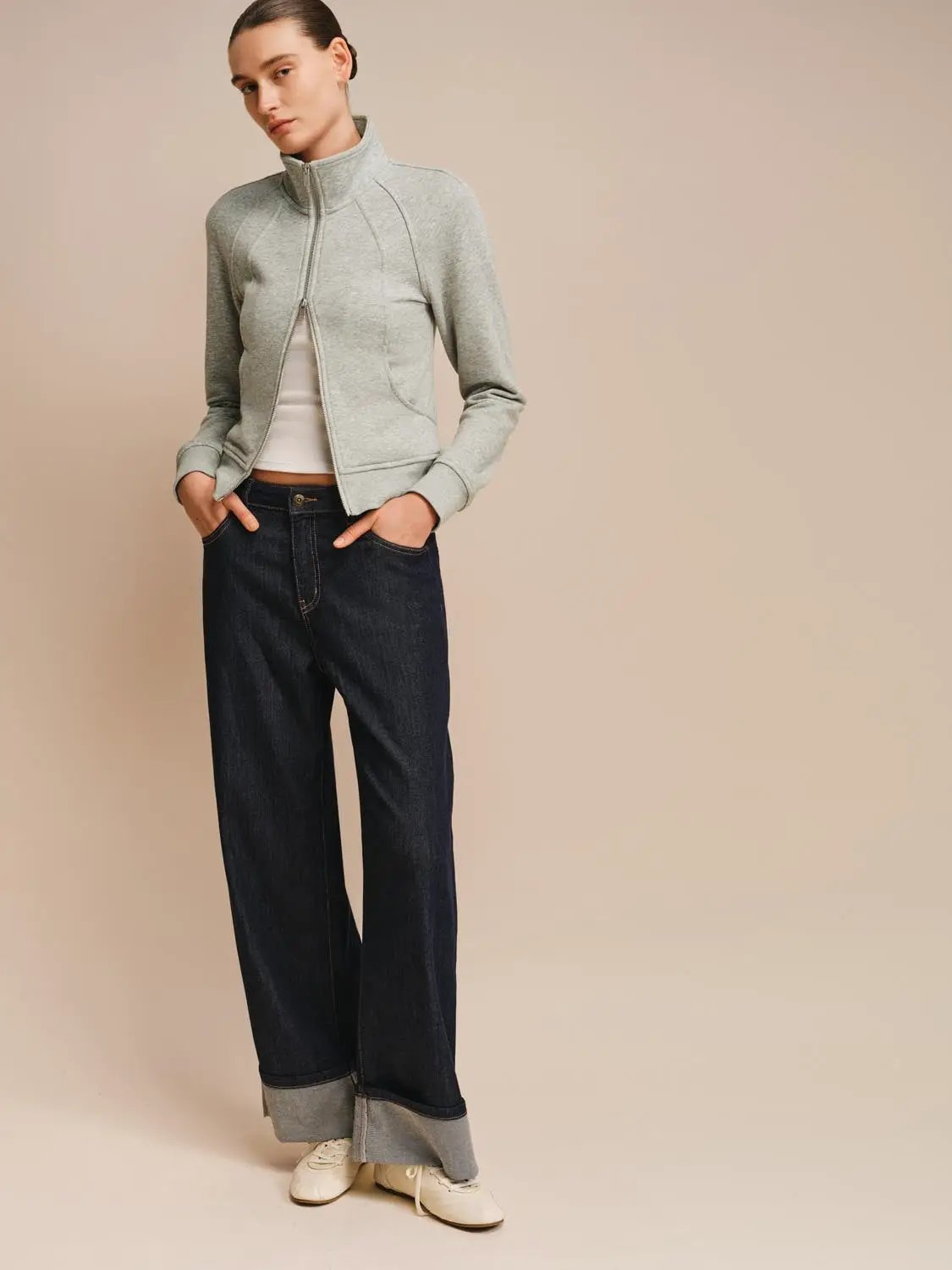 Long Sleeve Zip Front Stand Collar Cotton Blend Jacket