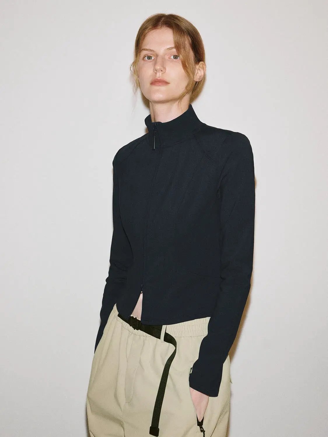 Mock Neck Zip Front Blouse