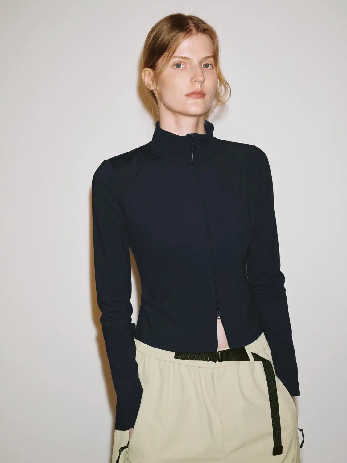 Mock Neck Zip Front Blouse