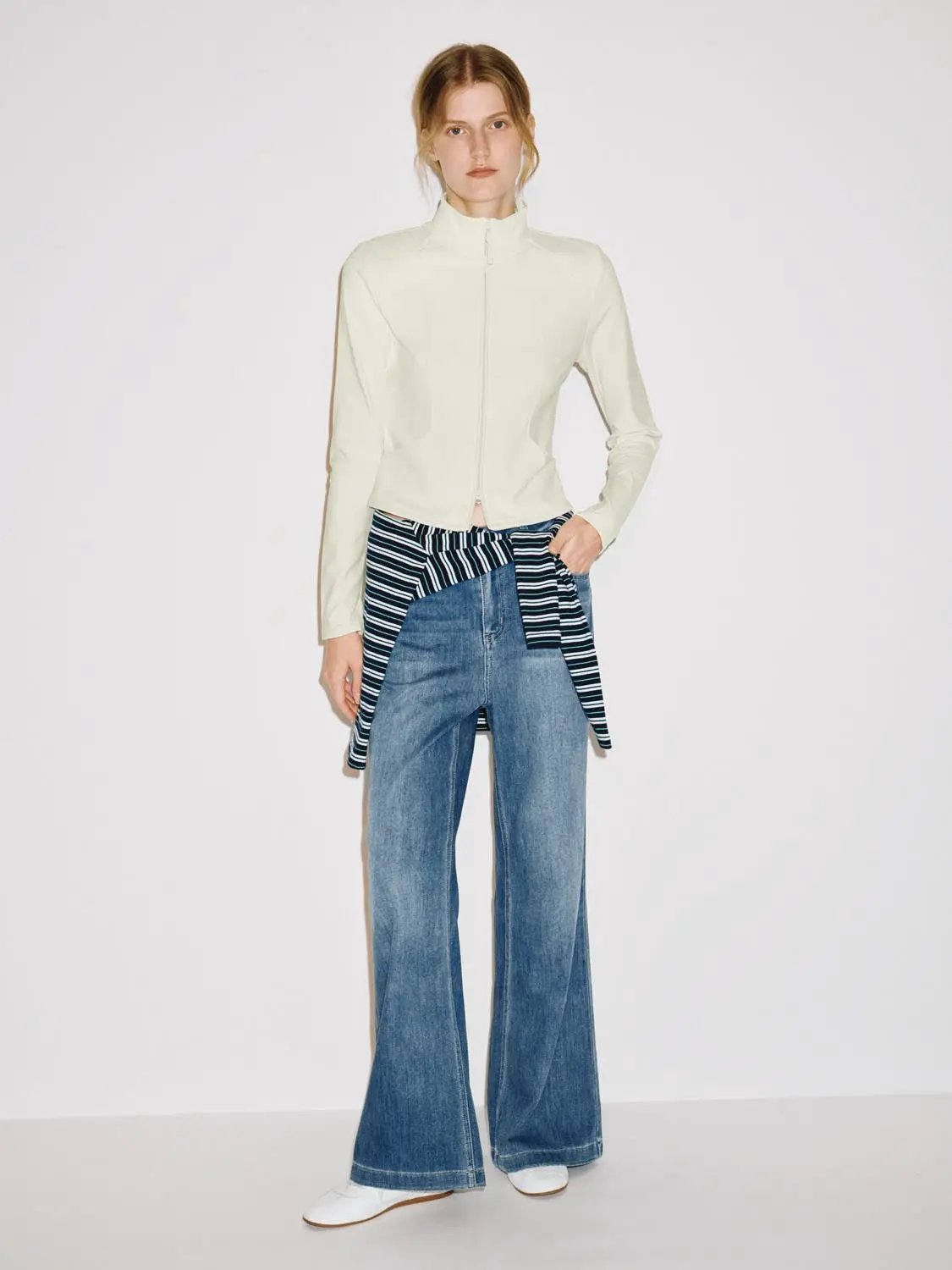 Mock Neck Zip Front Blouse