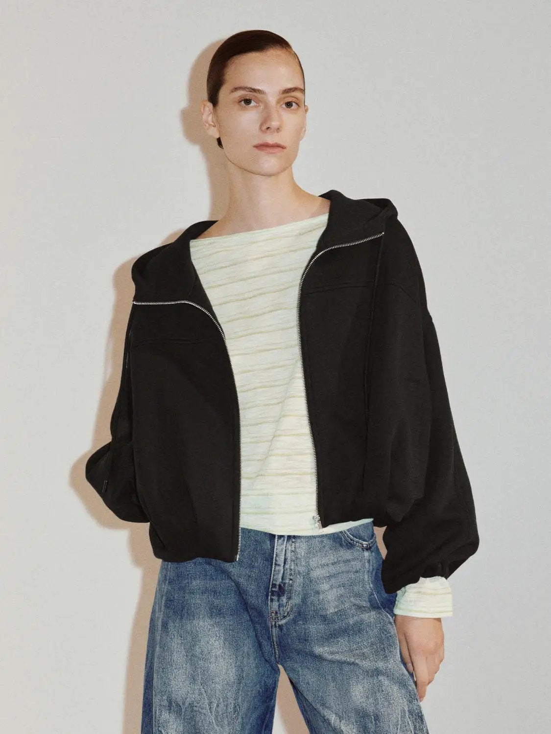 Drop Shoulder Full Zip Hooded Cotton Blend Jacket