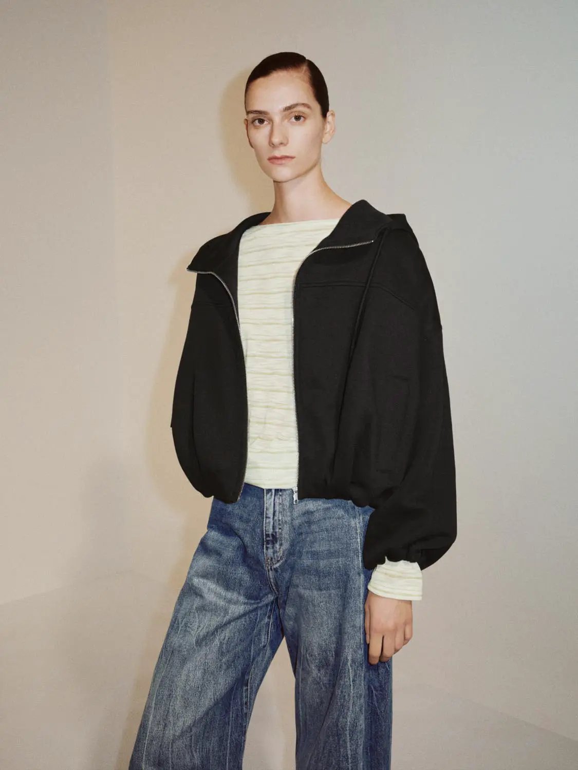 Drop Shoulder Full Zip Hooded Cotton Blend Jacket