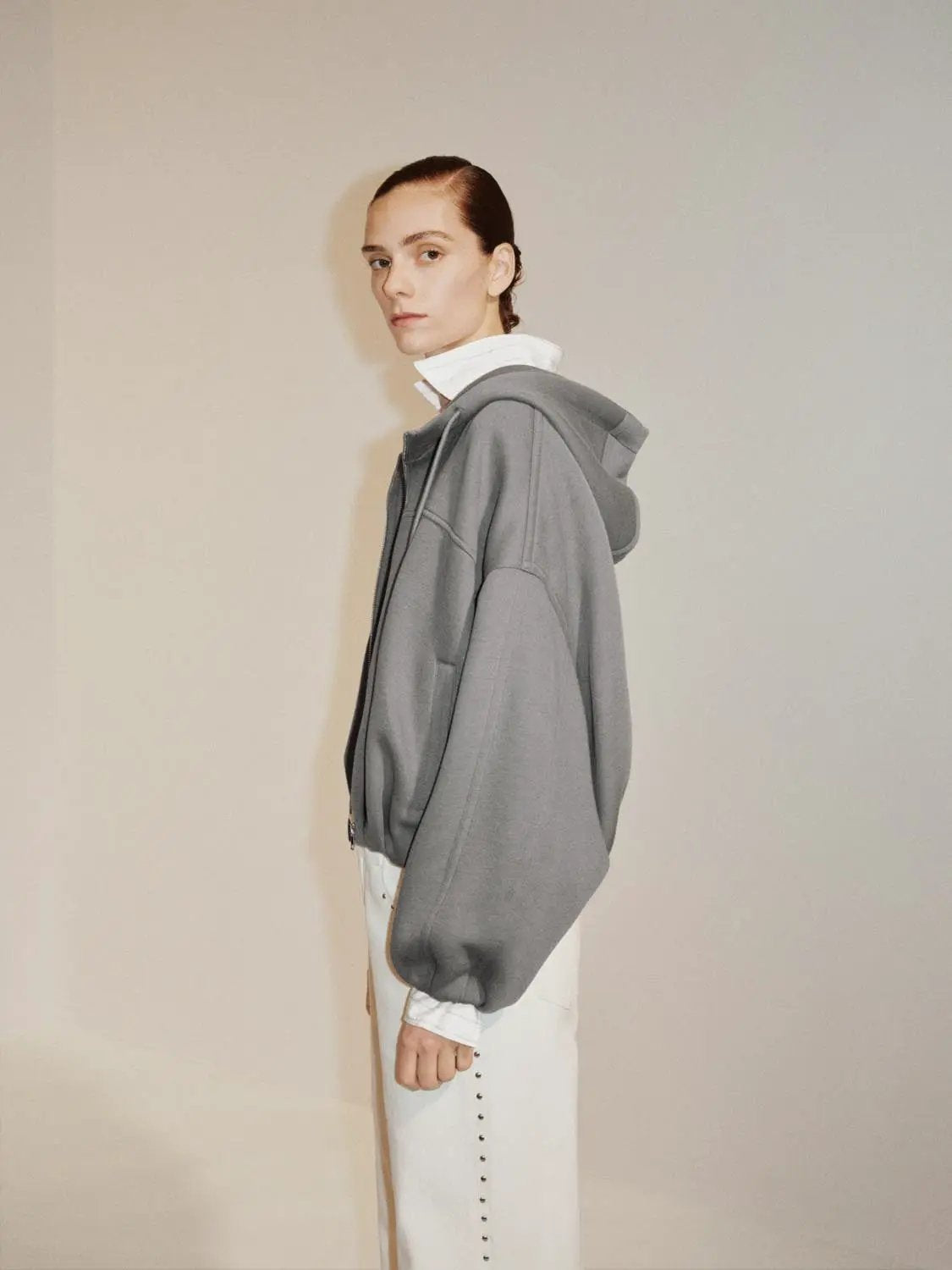 Drop Shoulder Full Zip Hooded Cotton Blend Jacket