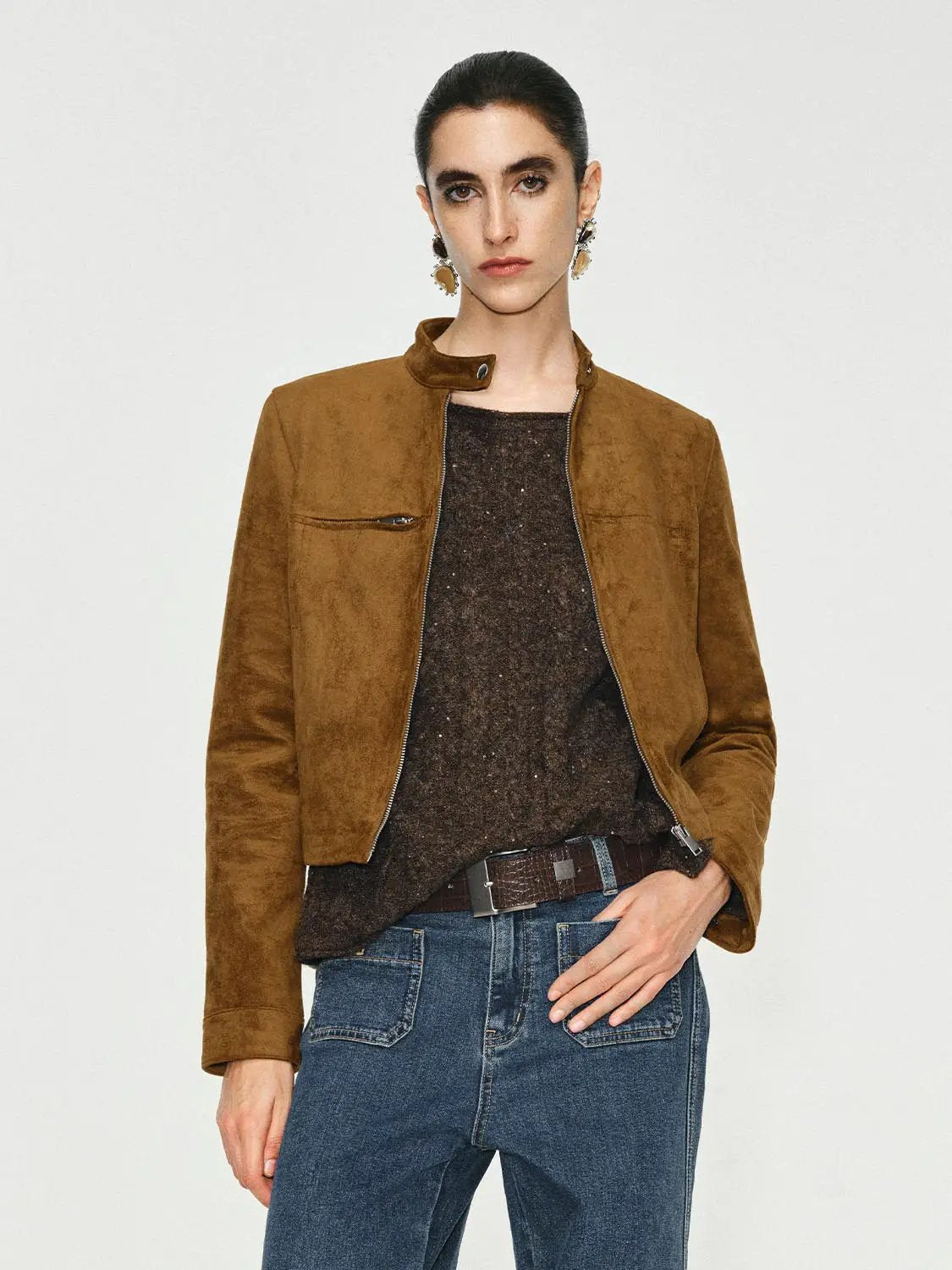Textured Mock Neck Cropped Long Sleeve Jacket