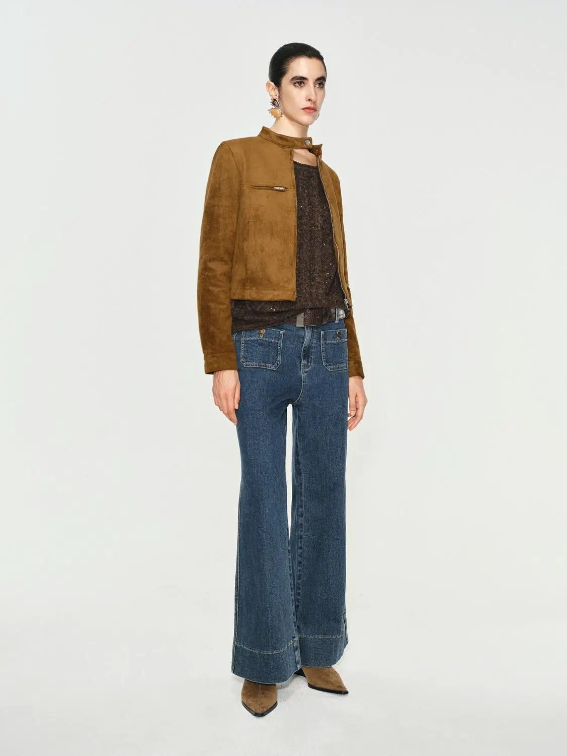 Textured Mock Neck Cropped Long Sleeve Jacket