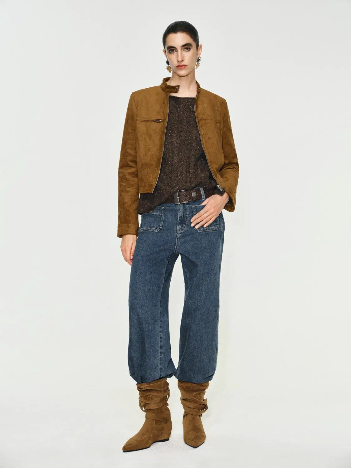 Textured Mock Neck Cropped Long Sleeve Jacket