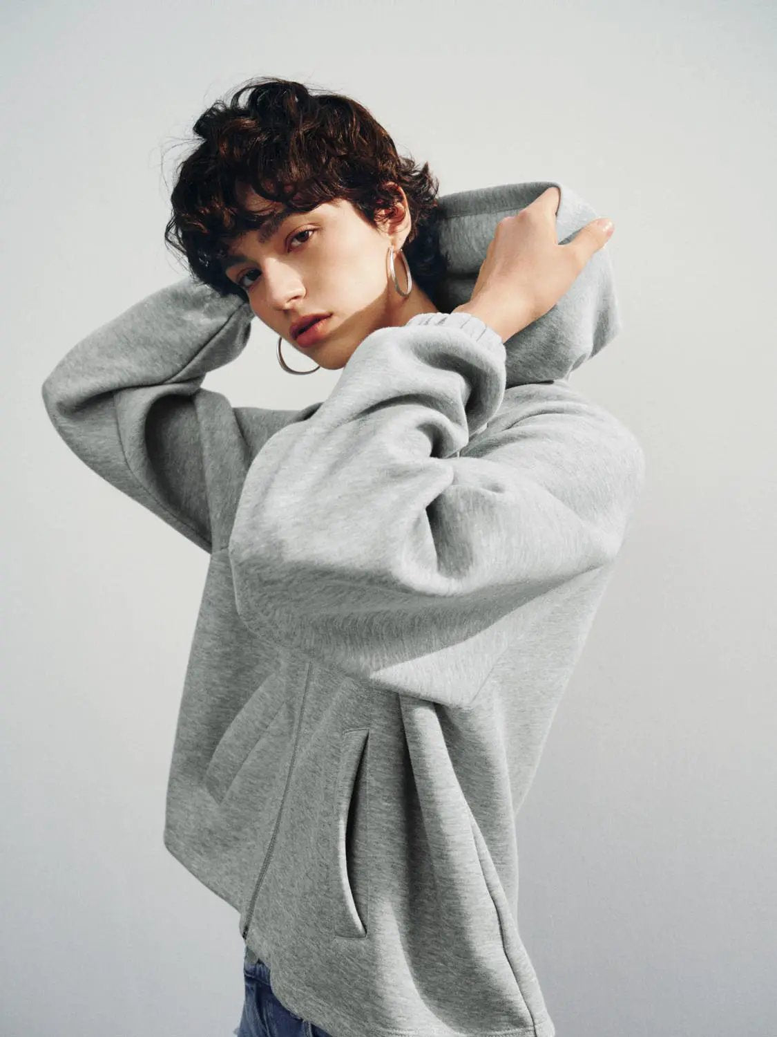 Zip Hooded Long Sleeve Heather Grey Cotton Blend Jacket