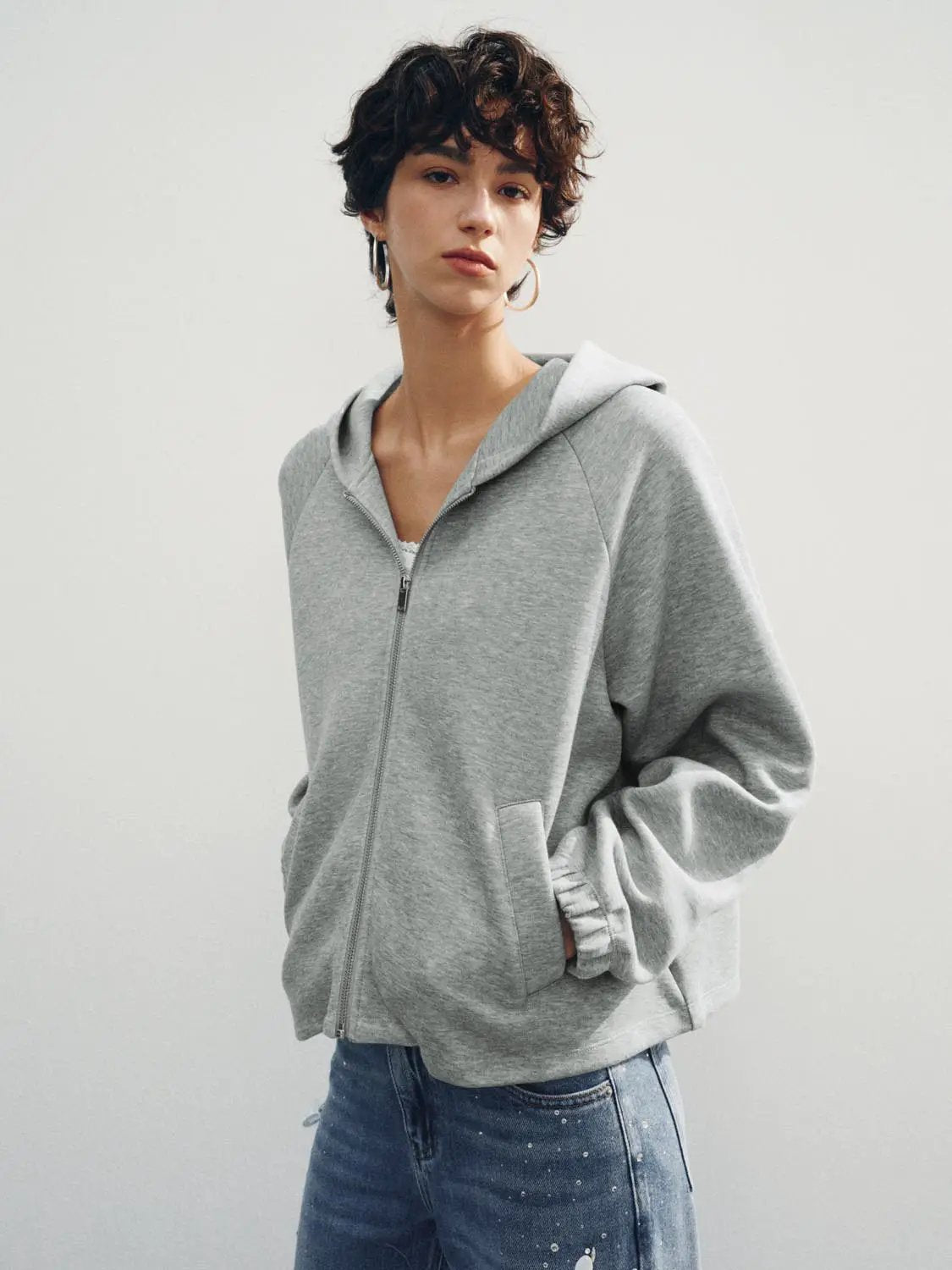 Zip Hooded Long Sleeve Heather Grey Cotton Blend Jacket