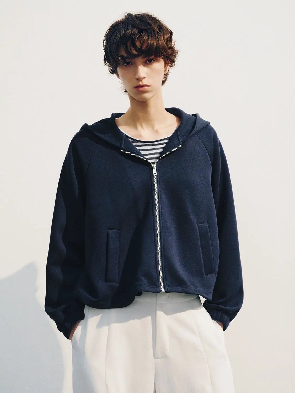 Zip Hooded Long Sleeve Heather Grey Cotton Blend Jacket