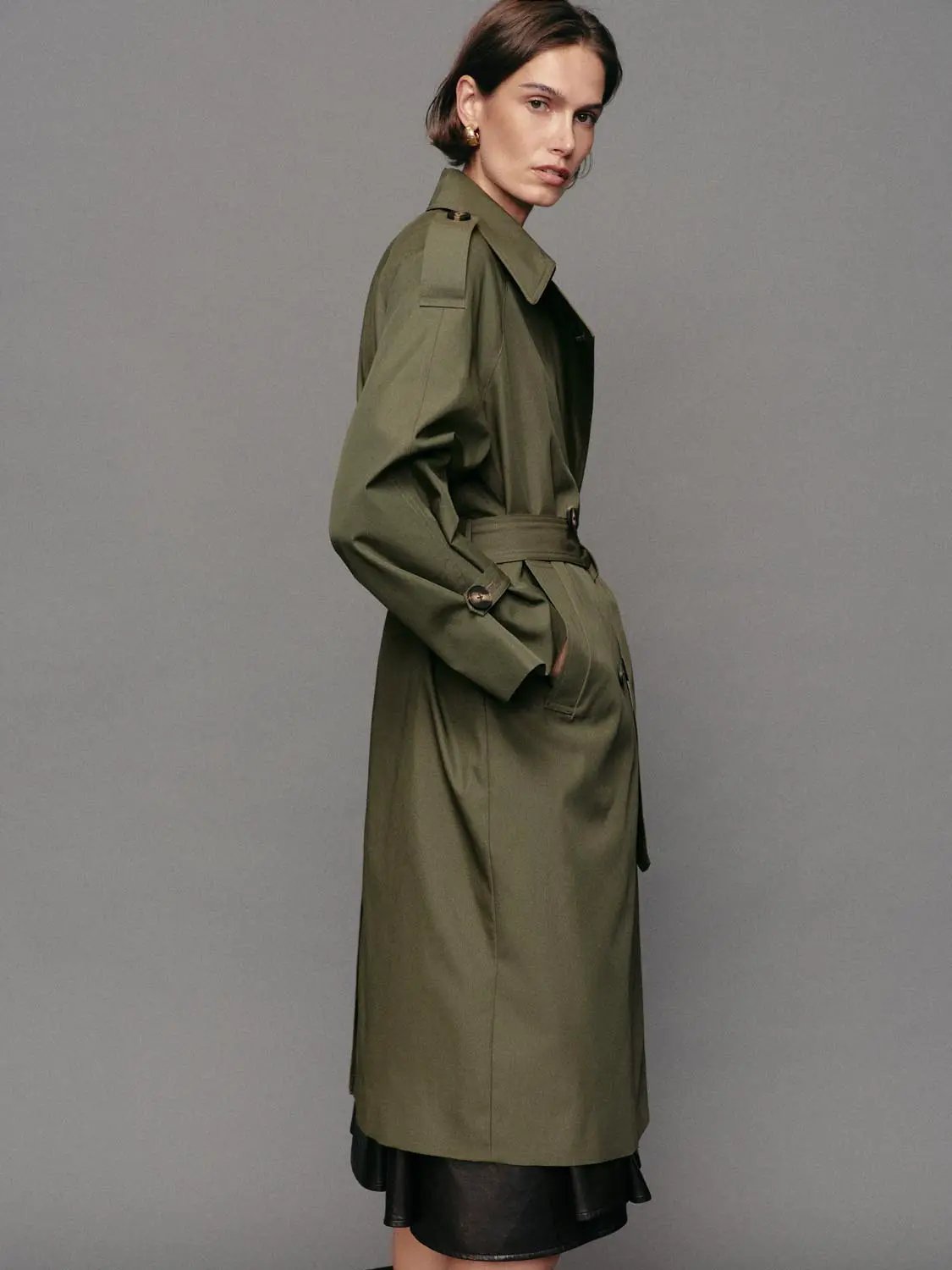 Double-Breasted Long Sleeve Cotton Blend Trench Coat