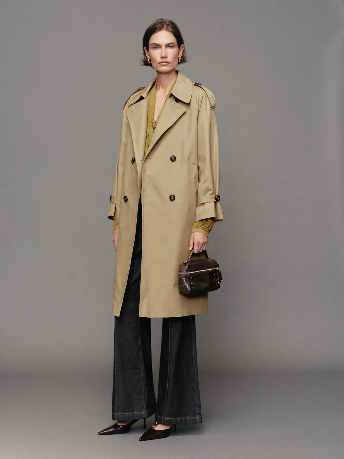 Double-Breasted Long Sleeve Cotton Blend Trench Coat