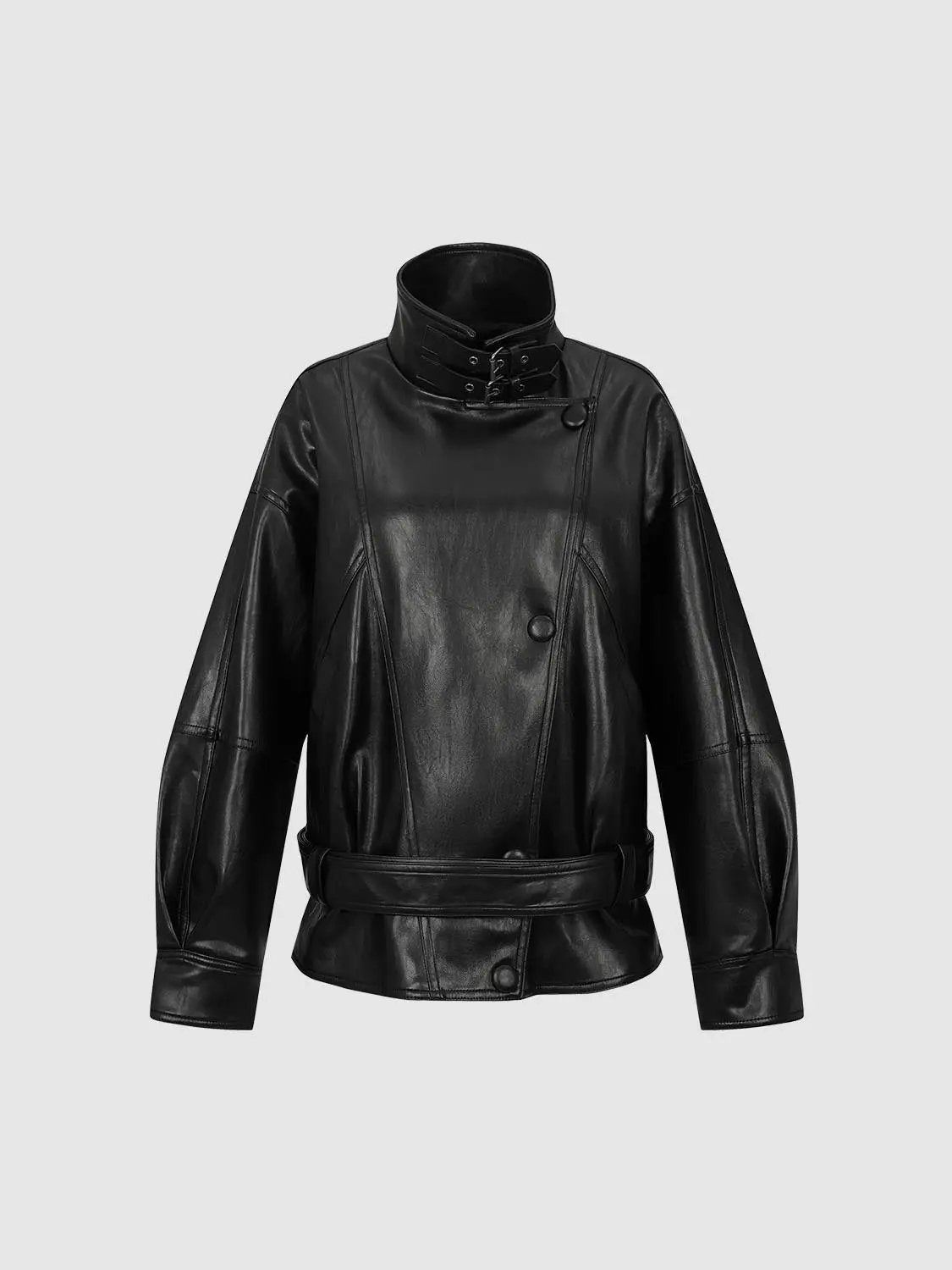Belted Mock Neck Long Sleeve Jacket