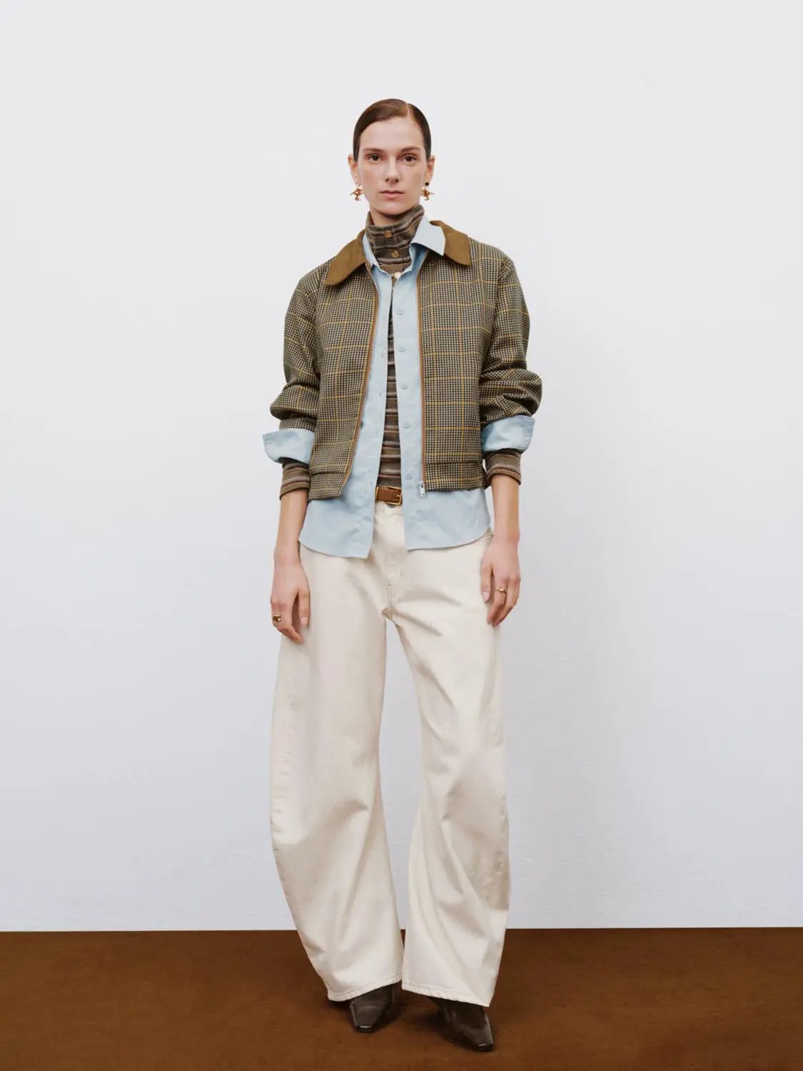 Checked Long Sleeve Contrast Collar Zip Placket Jacket