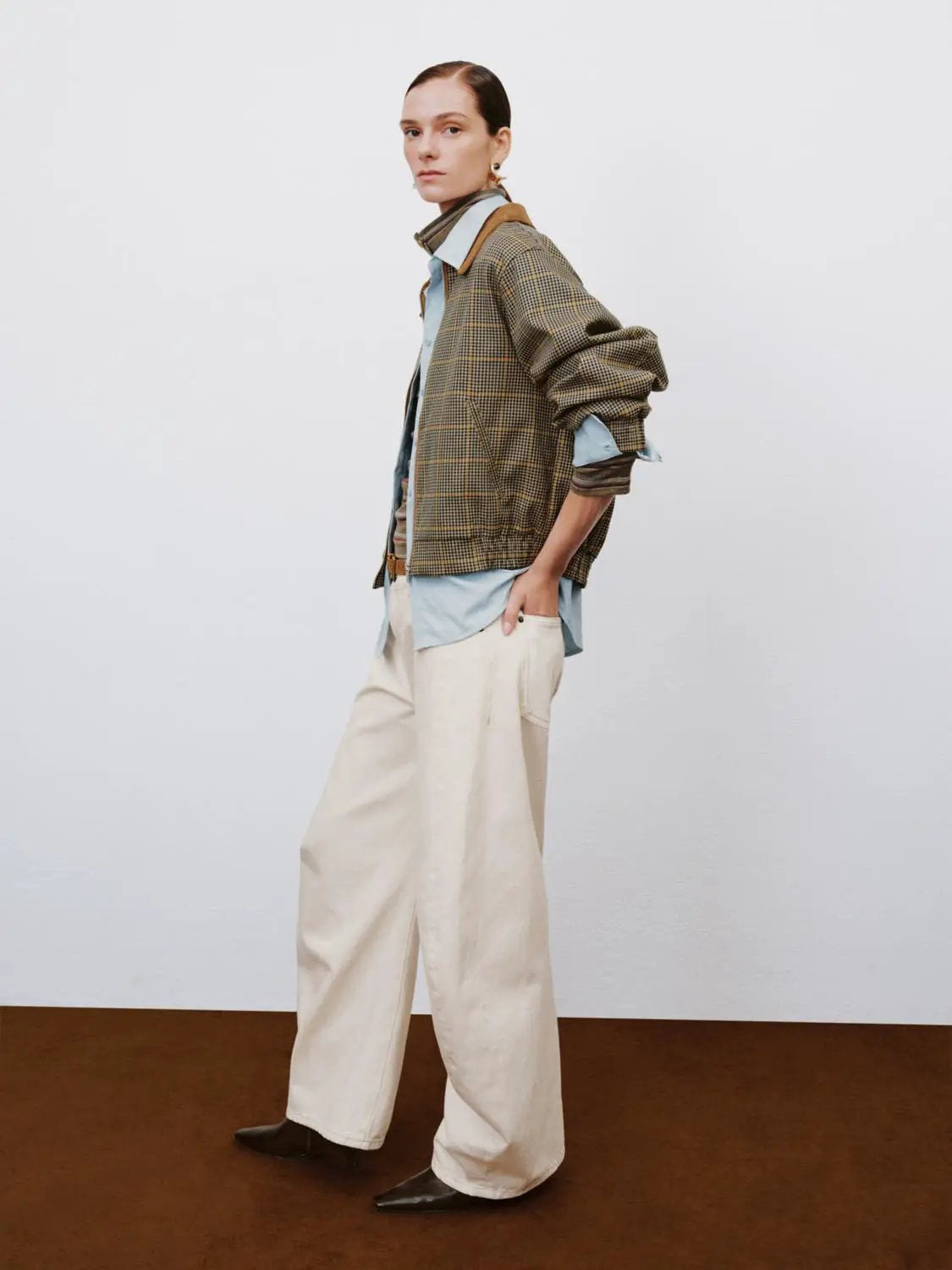 Checked Long Sleeve Contrast Collar Zip Placket Jacket