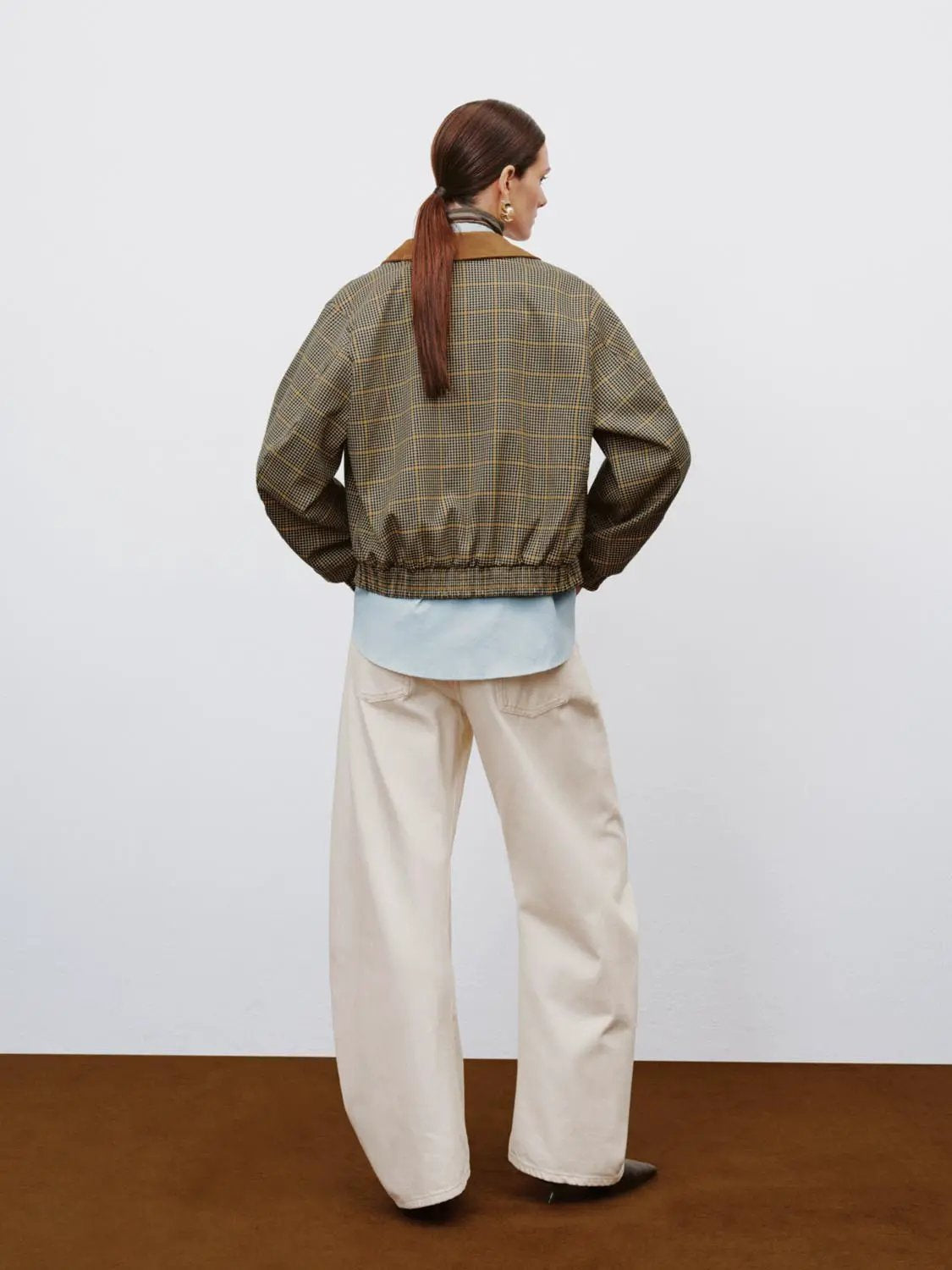 Checked Long Sleeve Contrast Collar Zip Placket Jacket