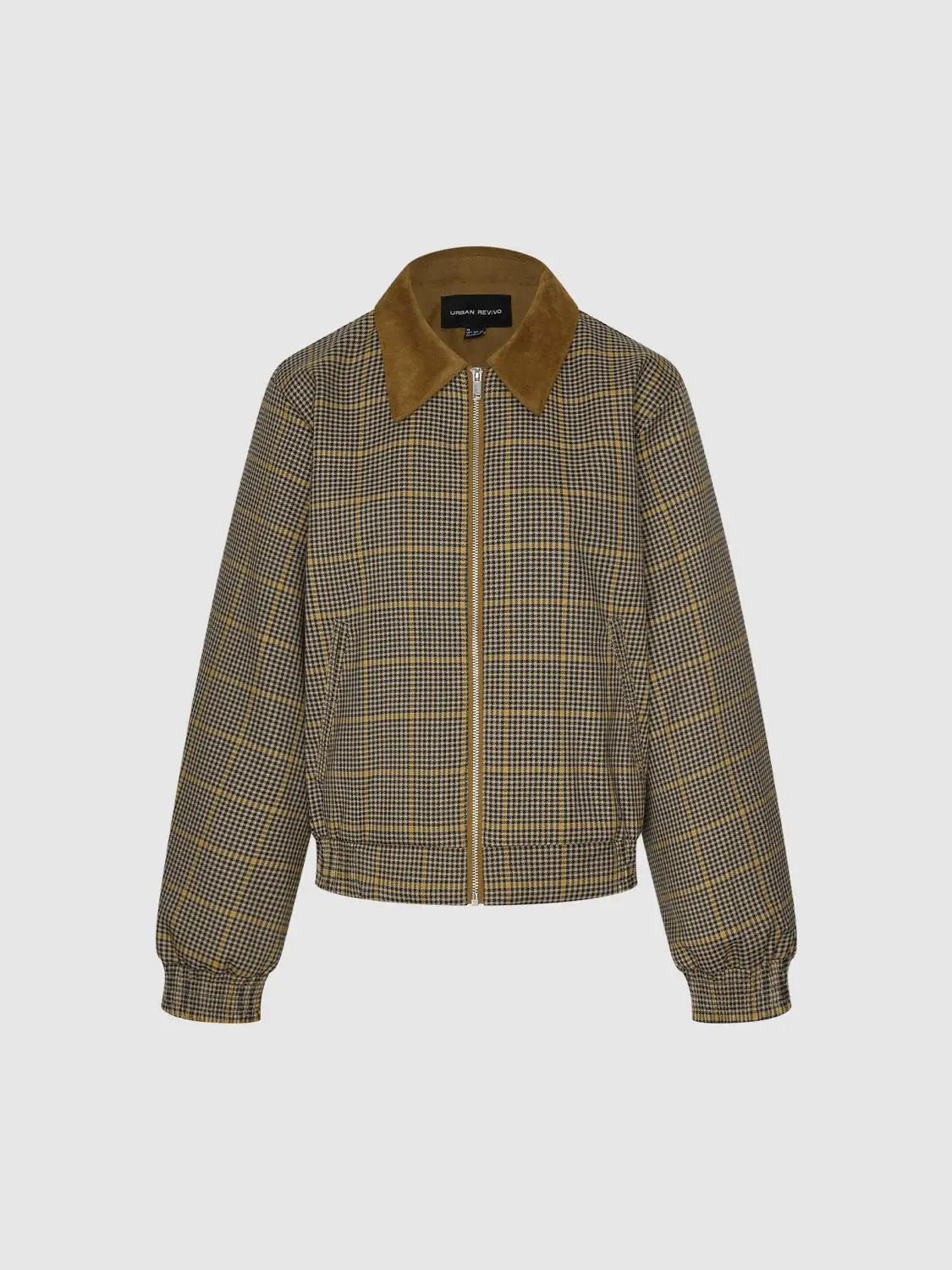 Checked Long Sleeve Contrast Collar Zip Placket Jacket