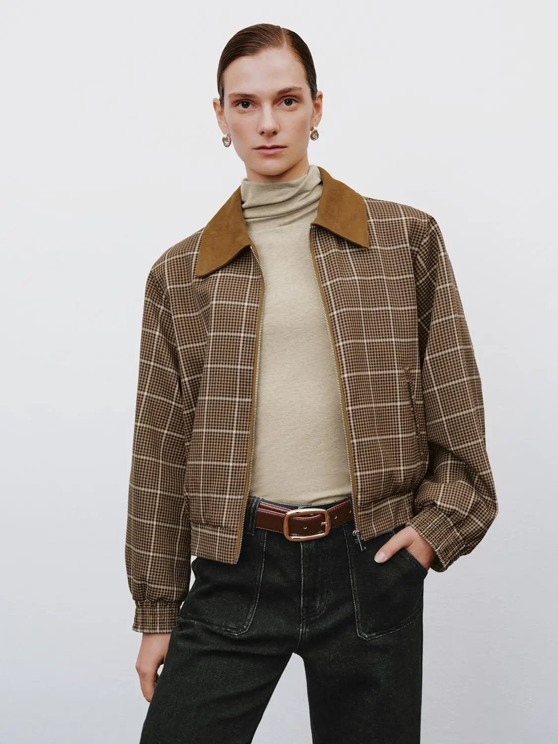 Checked Long Sleeve Contrast Collar Zip Placket Jacket