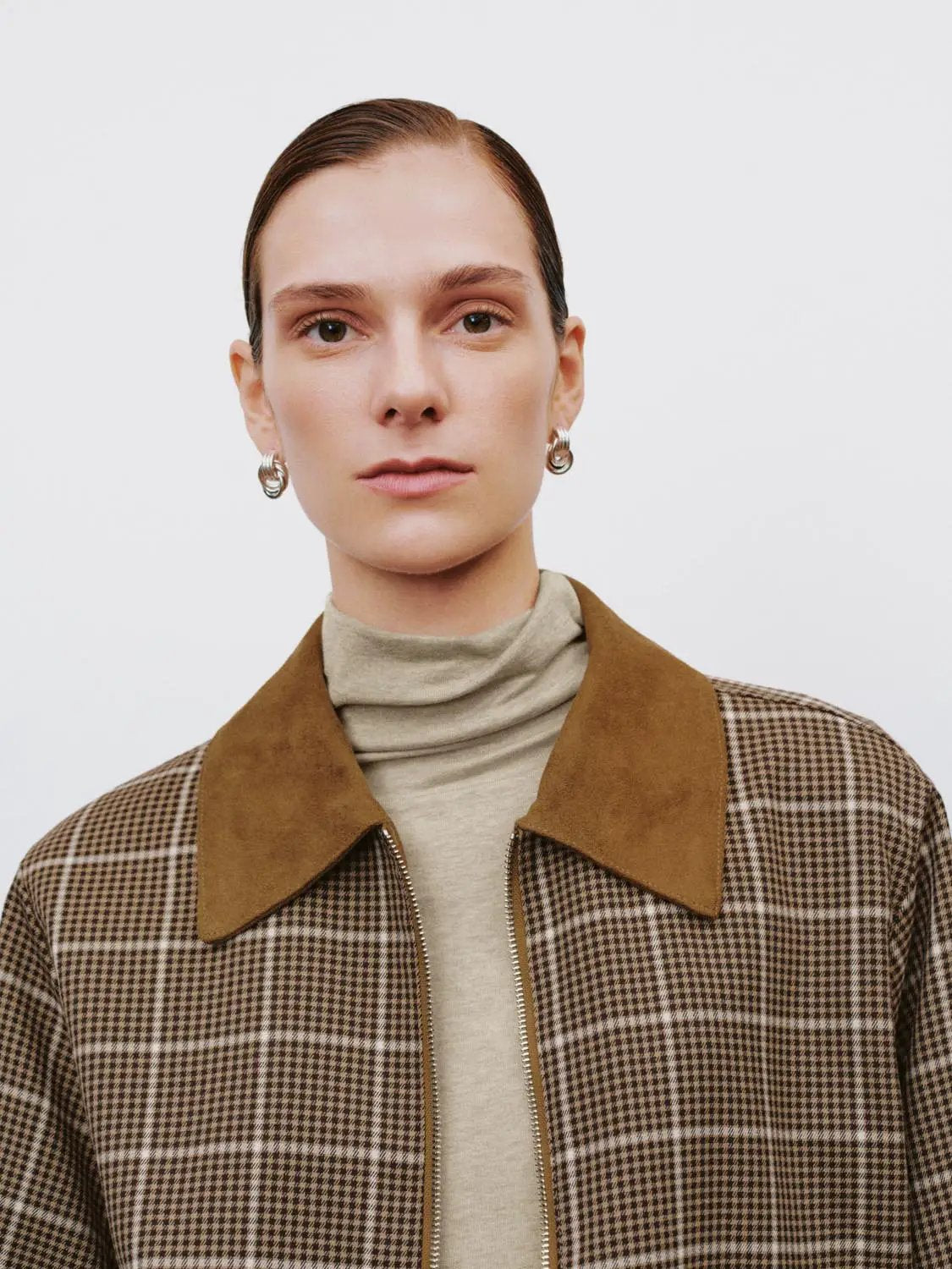 Checked Long Sleeve Contrast Collar Zip Placket Jacket