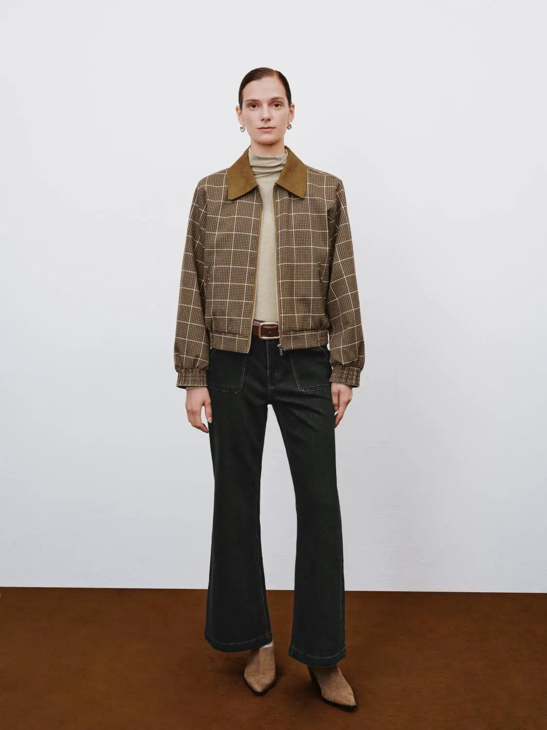 Checked Long Sleeve Contrast Collar Zip Placket Jacket