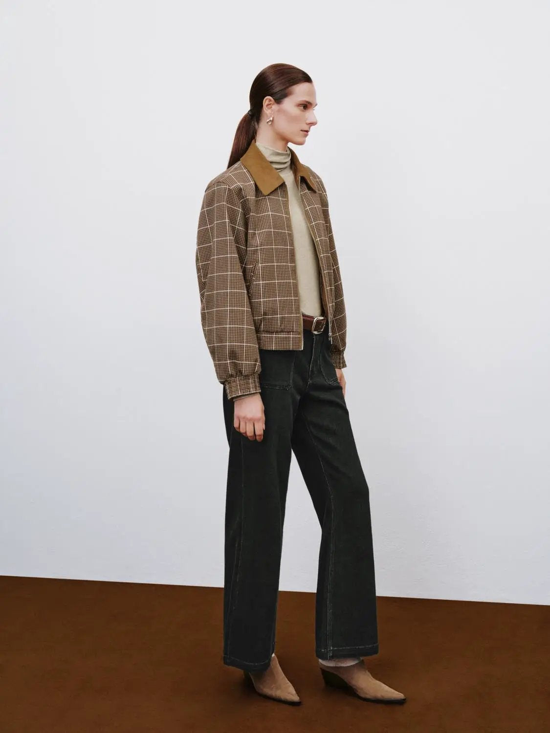 Checked Long Sleeve Contrast Collar Zip Placket Jacket