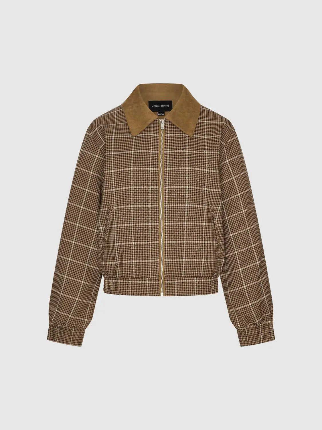 Checked Long Sleeve Contrast Collar Zip Placket Jacket