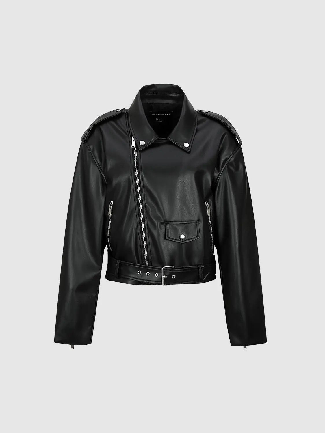 Belted Asymmetric Zip Lapel Long Sleeve Biker Jacket