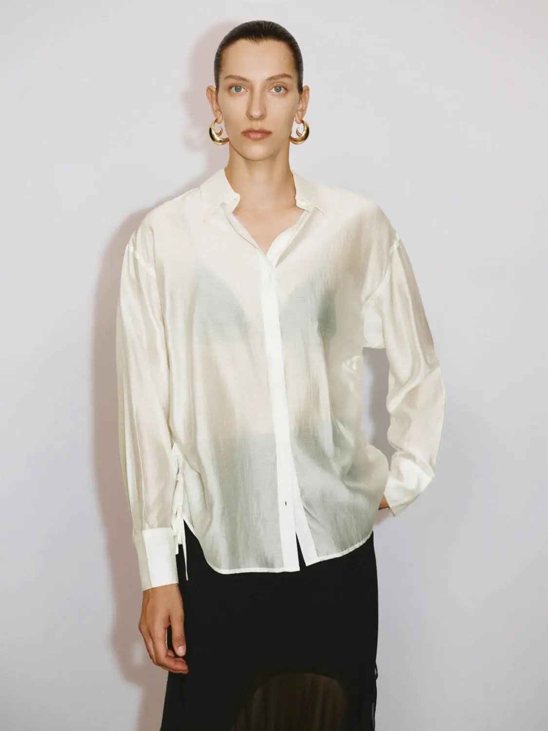 Point Collar Long Sleeve Button Front Sheer Loose Fit Shirt