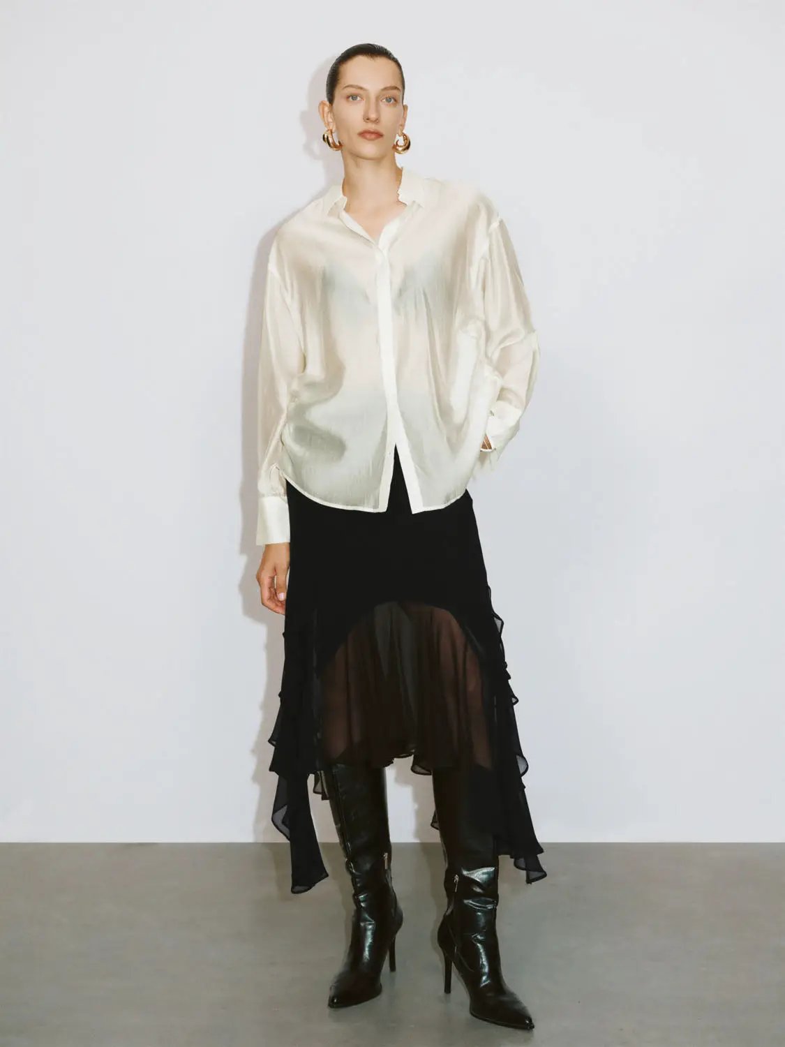 Point Collar Long Sleeve Button Front Sheer Loose Fit Shirt