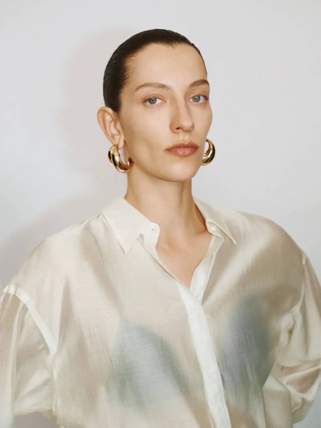 Point Collar Long Sleeve Button Front Sheer Loose Fit Shirt