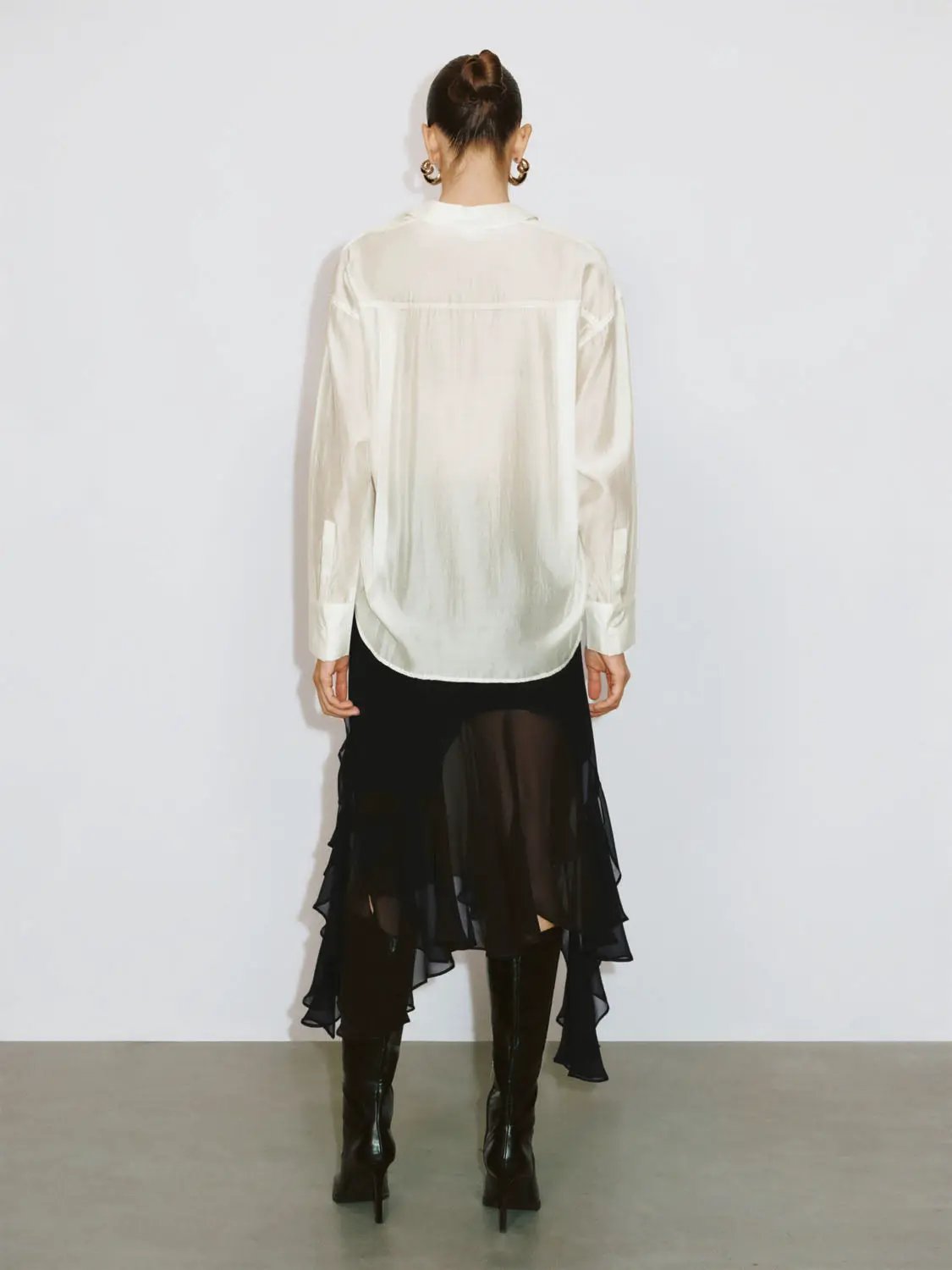 Point Collar Long Sleeve Button Front Sheer Loose Fit Shirt