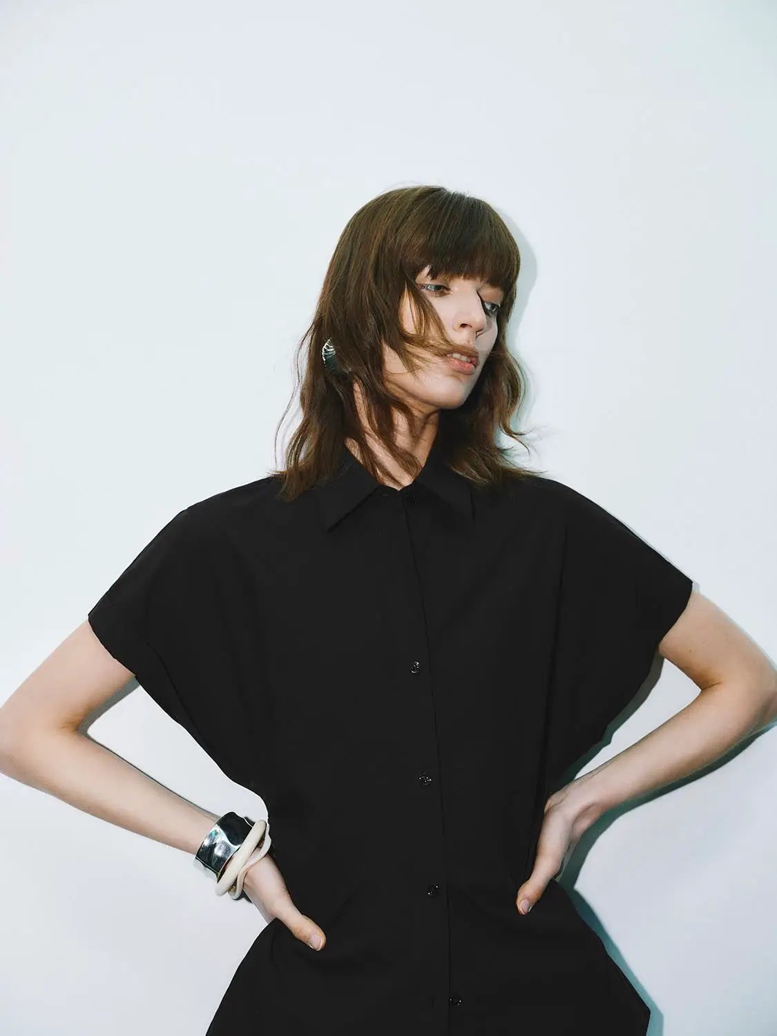 Point Collar Cap Sleeve Side Ruched Waist Cotton Shirt